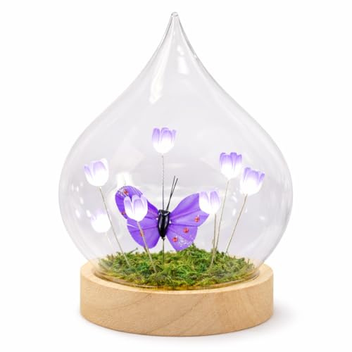 Kremers Schatzkiste LED Deko Tropfen Blumen Schmetterling Glaskugel mit Holzsockel & Timer 17cm - batteriebetriebene Frühlingsdeko für Tisch, Fensterbank & Geschenk