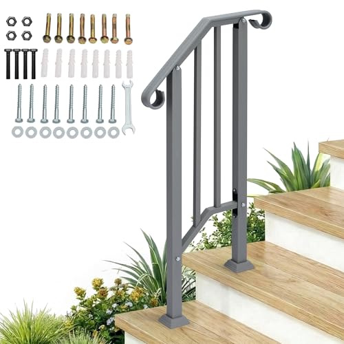 Outopee 1 Level Outdoor Handrail for 1-2 Steps, Silver | Galvanized Iron Stair Railing, Banister With Installation Kit, For Garden, House Entrance, Backyard & Balcony
