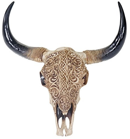 Mendler Deko Schädel 45cm, Polyresin Stier Bulle Longhorn Kopf Trophäe mit Tribal, In-/Outdoor
