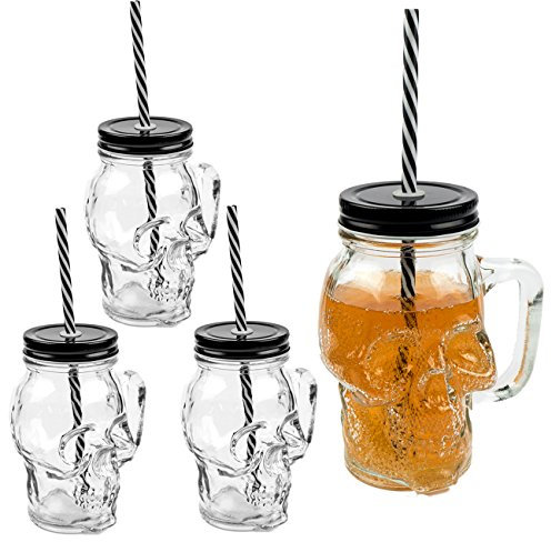 3D Totenkopf Glas Trinkglas mit Deckel und stabilem Strohhalm 500ml 4er-Set