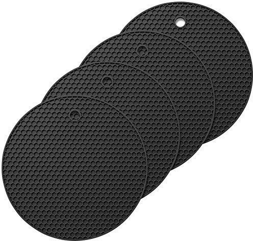 Oishii Salvamanteles de Silicona Conjunto de 4 - Forma Redonda - Resistente al Calor hasta 230°C - Apto para lavavajillas - Negro