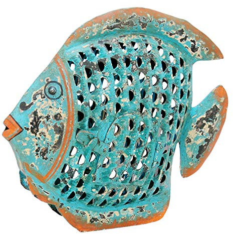 ETC dekorative ausgefallene Metallfigur Dekofigur Fisch zum Stellen in 3 möglichen Größen und 2 Farben (klein 21 x 6,5 x 18 cm, blau-braun)