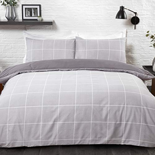 Sleepdown Parure de lit réversible avec Housse de Couette et taies d'oreiller - Gris à Carreaux - King Size (220 x 230 cm)