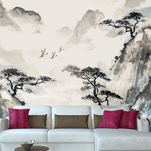 Papier Peint Mural Style Chinois Encre Paysage Pin PANDAWDD Noir 3.5E+2 x 150 cm Non-tissé, Chinois, Moderne, Mural, Sans Cadre, 94.18 m², 1 unité