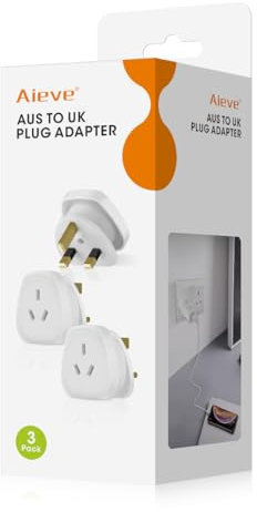 Aieve Australia to UK Plug Adapter, AUS NZ to UK Power Plug Adaptor, British Converter Travel Adapter for Australian/Argentina/Fiji (3-Pack)