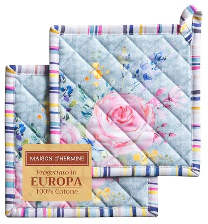Maison d' Hermine Sweet Rose Lavender Lot de 2 maniques, 100% Coton, pour Barbecue, Cuisson, Four, Micro-Ondes, grillades, Printemps/été, Pâques, (20cm x 20cm)