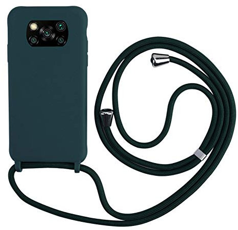 2ndSpring Handykette Schutzhülle kompatibel mit Xiaomi Mi Poco X3 NFC Handyhülle mit Band,Halsband Lanyard Silikonhülle,Soft Silikon Dunkelgrün