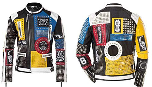Spike Racer Herren-Lederjacke, Punk-Rock-World, Nieten, Retro, mehrfarbig, Motorradjacke, Biker-Jacke, Mehrfarbige Jacke aus echtem Leder, XL