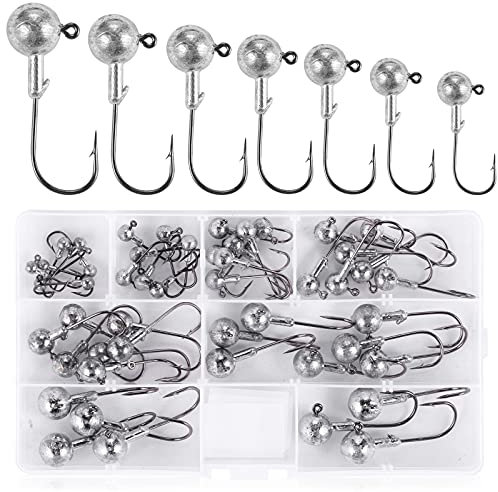 UNOLIGA 49pcs Angelhakenset Jigköpfe, Scharfen Jighaken Dropshot Haken für Gummifische, Karpfen Bleikopf-Angelhaken Offset Haken (1/2/3,5/5/7/10/14 g)