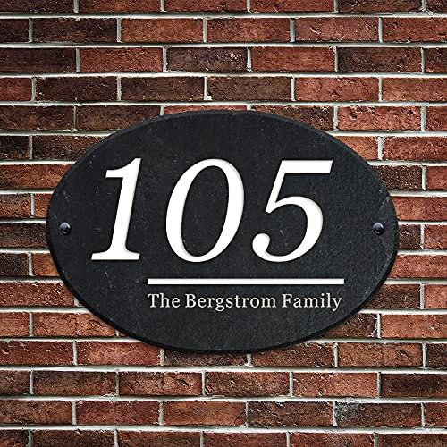 Natural Slate House Gate Sign Plaque Door Number Personalised Name Plaque UV Printed plaques (27x19cm Oval)