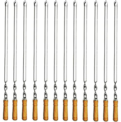 Amestar 12 Pack Kabob Skewers BBQ Barbecue Skewers Stainless Steel Sticks 23.5 Inch Heavy Duty Large Wide Reusable with Nonslip Wooden Handle Ideal for Shish Kebab Chicken Shrimp and Vegetables
