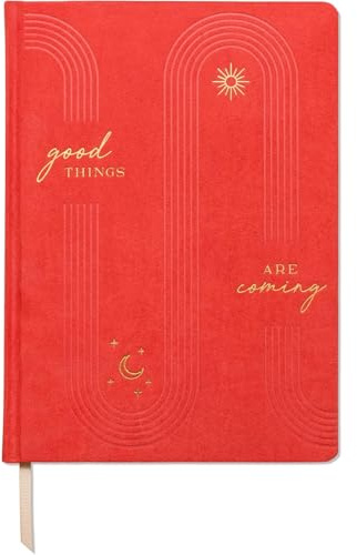 DesignWorks Ink Good Things Are Coming Sueded Paper 21,6 x 26 cm Orange Jumbo Journal Notebook with Cloth Cover, Gold Arches Accents, Lined Pages Ribbon Marker for Work, Writing, Journaling
