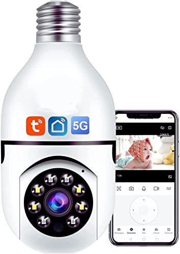 Light Bulb Security Camera, E27 WiFi Color Night 360 Degree Pan/Tilt Panoramic IP Camera, 2.4GHz 1080P Smart Home Surveillance Kids Cam with Motion Detection Alarm Night Vision Two Way Talk Indoor Pet