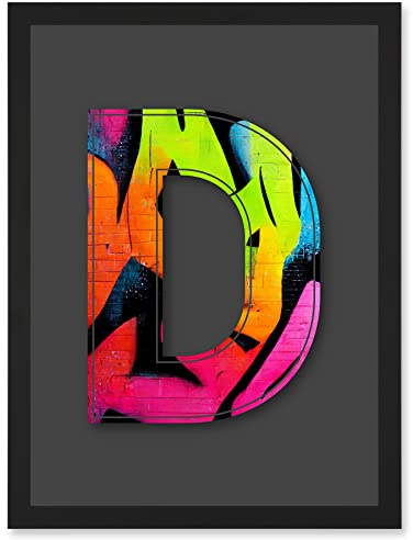 Wee Blue Coo Letter D Fluorescent Abstract Decorative Graffiti Mural Alphabet Initial Stencil Artwork Framed Wall Art Print A4