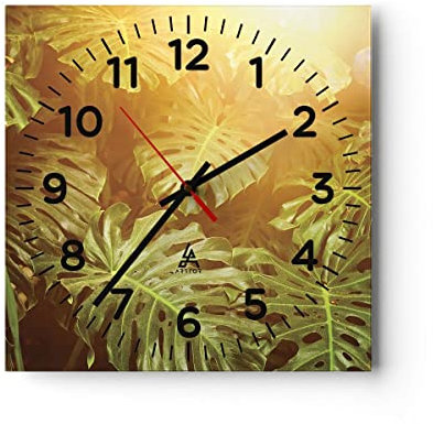 Modern Wanduhr Blätter Monstera Licht 30x30cm Quadrat Klein Wand Uhr Glas Analog Zimmeruhren Küche Büro Wohnzimmer Glasuhr Wall Clock Dekoration Design Wanddekoration Küchenuhr C4AC30x30-4540