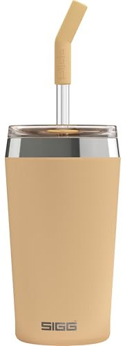 SIGG Helia Muted Peach Kaffeebecher to go (0.45 L), doppelwandig isolierter Thermobecher mit Glas-Strohhalm, auslaufsicherer Tumbler aus Edelstahl für heiße & kalte Getränke