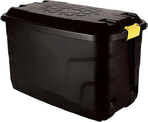 Pluto Packaging Heavy Duty Large Indoor Outdoor Black Storage Trunks With Wheels & Yellow Handles Large Container Boxes (75 Litre (With Wheels), 1 Storage Box)