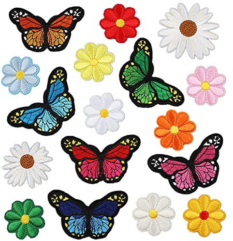 17 Pieces Flowers Butterfly Iron on Patches Decorative Embroidered Patches Applique Set Cute Sew On Applique Patches for Jeans Clothing Hats Bags Arts Crafts