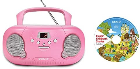 groov e Orginal Boombox & Kids Story CD Bundle - Portable CD Player with Radio, 3.5mm Aux Port, & Headphone Socket - CD Features 10 Classic Children's Stories - Battery or Mains Powered - Pink