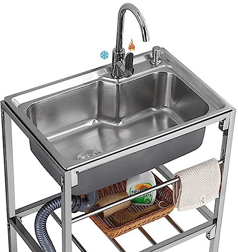 Évier en Acier Inox 304, Évier de Cuisine sur Pieds avec Robinet Chaude et Froide, Évier de Restaurant Commercial, Grand Évier Professionnel pour Restauration Garage Buanderie Extérieur 68cm