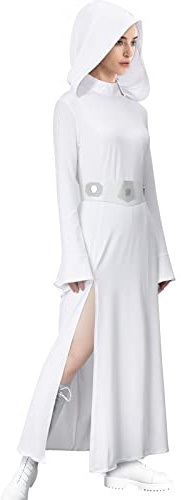 LIKUNGOU Leia Kostüm Damen Weiß Kleid Kapuze Robe mit Gürtel Halloween Cosplay Outfit für Fans (L)