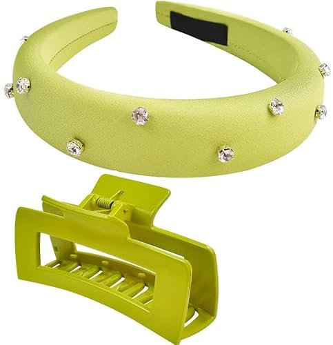 ADERTOS Haarreifen Damen Stirnband Satin Kopfband mit Strasssteinen Grün Breit Haarband Modische Haarreifen und Haarspang Rechteckige Haarklammern Kopfschmuck für Frauen und Mädchen
