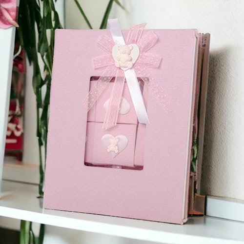 Doni Bomboniere Nacimiento 12 unidades caja rosa con libro porta bautizo cumpleaños baby shower confeti con decoración corazón y osito cierre de cuentas útil como gadget de fin de fiesta, regalo