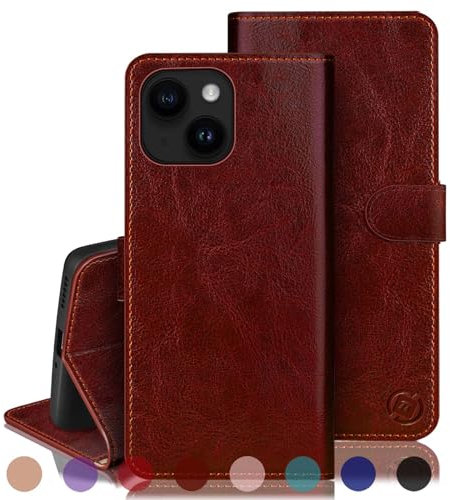 RingPi Funda para iPhone 13 6.1 con Tapa [Bloqueo RFID][de Cuero PU Cierre Magnético][Ranura para Tarjeta][Soporte Plegable Fundas para] Leather Cover para Apple 13 Wallet Phone Case,Marrón