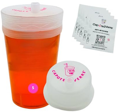 Capote2Verre Lot de 5 Protege verre anti drogue - Capote de verre anti drogue - Cache gobelet anti drogue festival, soirées - Anti renversement - Réutilisable, S’adapte à tous les verres