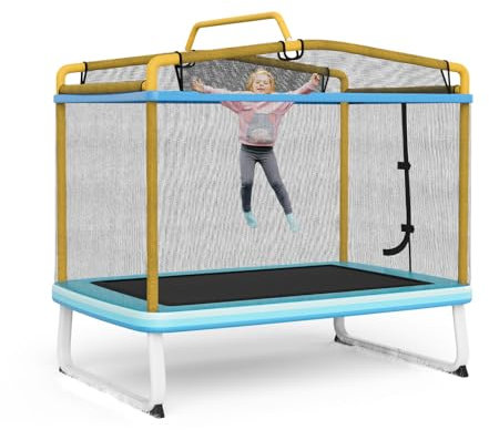 LIFEZEAL 3 in 1 Kindertrampolin, Trampolin mit Abnehmbarer Schaukel & Reckstange, Gartentrampoline Rechteckig für Kinder, Fitnesstrampolin 190 x 124 x 222 cm für Outdoor & Indoor (Gelb)