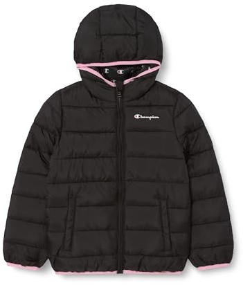 Champion Legacy Outdoor B (306868) – WR Light Cirè 40gr Small Script Logo Kapuzenjacke, Schwarz/Pink (NBK), 11–12 Jahre (L), Unisex – Kinder FW24