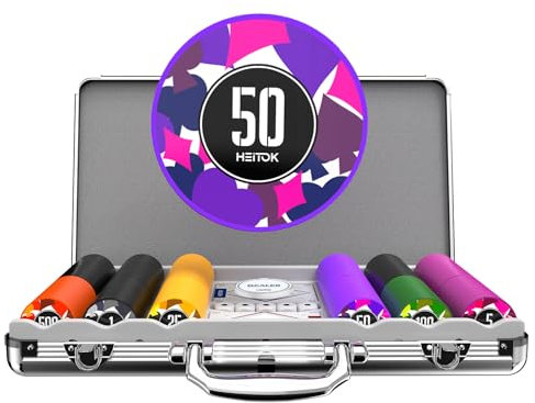 HEITOK Poker Chips Set – 300 Stück, 11,5 g Profi-Chips mit Aufdruck, inkl. Alu-Koffer, 5 Würfel & 2 Kartenspiele für Texas Hold'em. Perfekt für Casino-Abende!