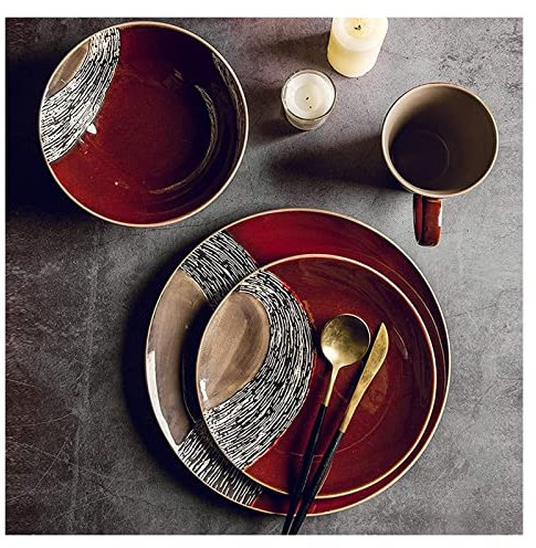 Servizio Piatti in Porcellana, Set Piatti per la Casa o un Ristorante Speciale, Set Combinato per Cena in Ceramica Stile Americano Rosso da 22 Pezzi per Regali di Nozze | Set di insalatiere e piatti d