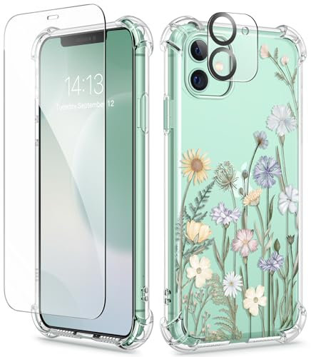 GVIEWIN Compatible with iPhone 11 Case 6.1'' 2019, with Screen Protector+Camera Lens Protector, Non-Yellow Flower Clear Soft TPU Slim Bumper Shockproof Protective Phone Cover, Vibrant Spring
