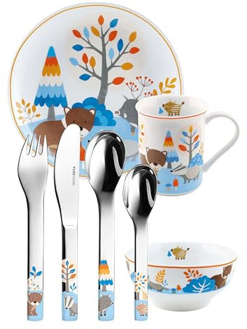Kindergeschirr Set mit Namensgravur Puresigns - Friends - Bär, Dachs, Wildschwein - 7-teilig eigener Gravur/Namen auf Besteck (Gravur möglich)