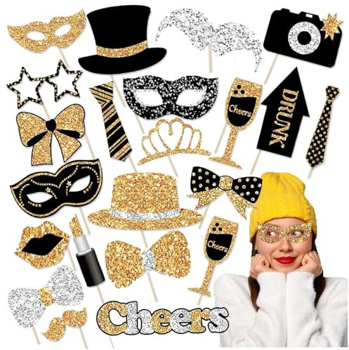 25 Stück Fotobox Accessoires, Fotobox Accessoires Hochzeit, Party Deko,Party Zubehör, Party Gadgets, Foto Requisiten, Fotobox Accessoires Geburtstag, Für Vielfalt Party Geburtstag Party (Gold)