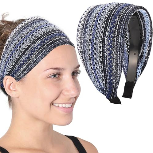 Serre-tête bleu extra large et rigide, style bohème avec dents, grands bandeaux antidérapants en tissu, accessoires de cheveux tendance pour femmes et filles