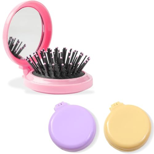 KOLZEMV Lot de 3 mini brosses à cheveux rondes avec miroir, mini brosse cheveux, Pliantes Taille voyage, Peigne de massage pour cheveux compact Brosse à cheveux portable, Outils de coiffure pour femme