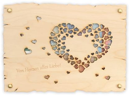 Kreative Feder „Von Herzen alles Liebe“ - Glückwunsch-Karte aus Holz für alle feierlichen Anlässe – DIY Holzkarte für Geldgeschenke; Größe ca. 14,6 x 19,7cm (Alles Liebe)