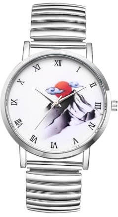 JewelryWe Herrenuhr Silber Elastische Uhren: Sonne und Berg Analog Quarz Armbanduhr Herren Edelstahl Stretch Armband Lässige Uhr mit Zugarmband und Römischen Ziffern