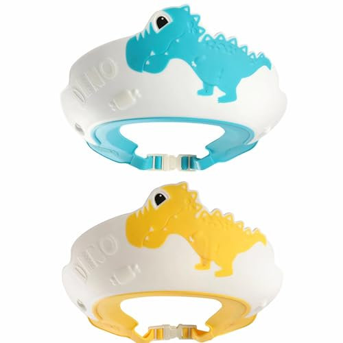 MOSIERRY Duschhaube Kinder 2 Stück Haarwaschhilfe Kinder Duschhaube Baby Haare Waschen Kinderschutz Dinosaurier Blau Gelb