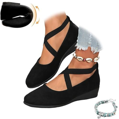 Women's Crisscross Strap Wedge Shoes,Womens Round Toe Ballet Wedge Dress Shoe Elegant Suede Comfy Slip-On Shoes (Black,6)