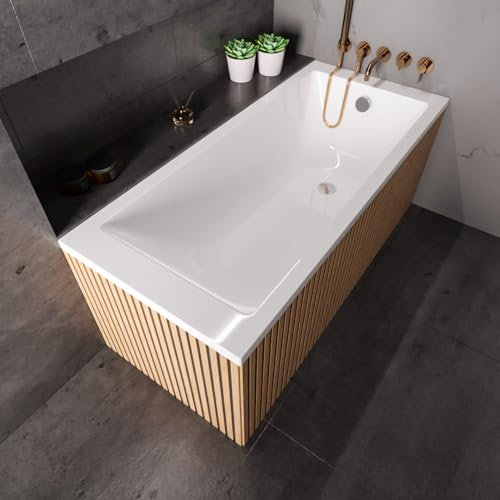 ECOLAM Vasca da bagno TAMI 150 x 70 cm + supporto per vasca da bagno per piastrellare, vasca in acrilico, rettangolare, supporto in polistirolo, set completo con scarico automatico, piedini in