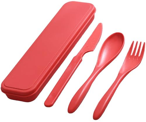 Set di posate da viaggio con astuccio, utensili riutilizzabili e portatili, forchetta in plastica per campeggio, picnic, lavoro, scuola, uso quotidiano (rosso)