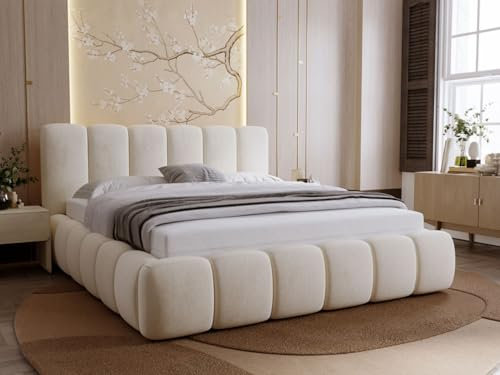 GRAINGOLD Royal Bett 200x200, Polsterbett mit Bettkasten, Polsterbett mit Stauraum, Samt, mit Lattenrost, mit Kopfteil, ohne Matratze (Beige, 200x200)