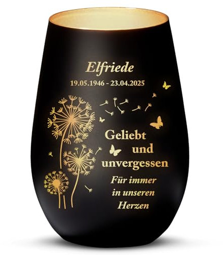 Love Faith - Unvergessen - Personalisiertes Trauerlicht als Andenken an Verstorbene - Windlicht, schwarz & Gold