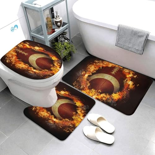 3-teiliges Flanell-Badezimmerteppich-Set mit Basketball, Fußball, Baseball, Rugby, rutschfeste Konturmatte, Toilettendeckelbezug und Badematten, Duschmatten für Badezimmer, Badewanne und Toilette, 8