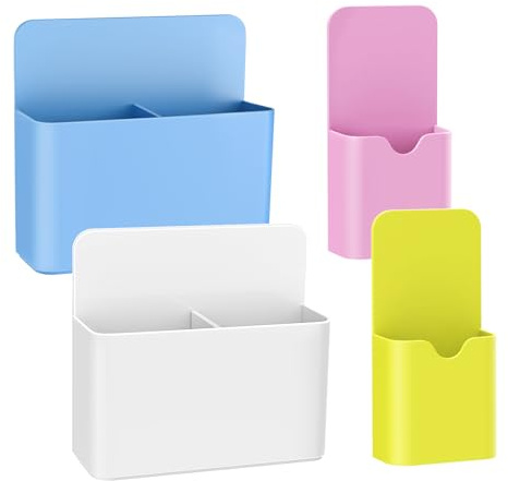 MoKo Boîte de Rangement Magnétique, Lot de 4 Support Crayon pour Tableau Blanc, Porte-Marqueur pour Réfrigérateur Surface Magnétique, 2 Grands et 2 Petits Porte-crayons, Bleu/Blanc/Rose/Jaune