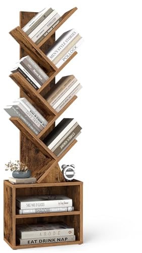 VASAGLE CUSTOS Collezione - Libreria ad Albero, Scaffale da Pavimento Moderno Autoportante, per Camera da Letto, Soggiorno, Studio, 2 Scomparti Aperti, 20,3 x 38 x 123,2 cm, Marrone Vintage LBC607KD01