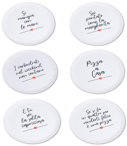SUSANNA HOME DESIGN Set 6 Piatti Pizza in Melamina – Piatti per Pizza Grandi e Resistenti – Con Scritte e Decorazioni Simpatiche – Diametro Ø 33 cm